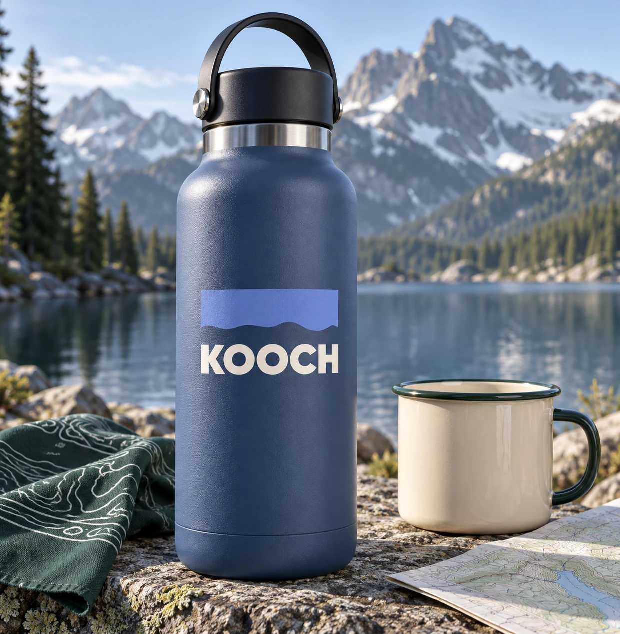 Blue KOOCH water bottle with a water-inspired symbol beside a lake