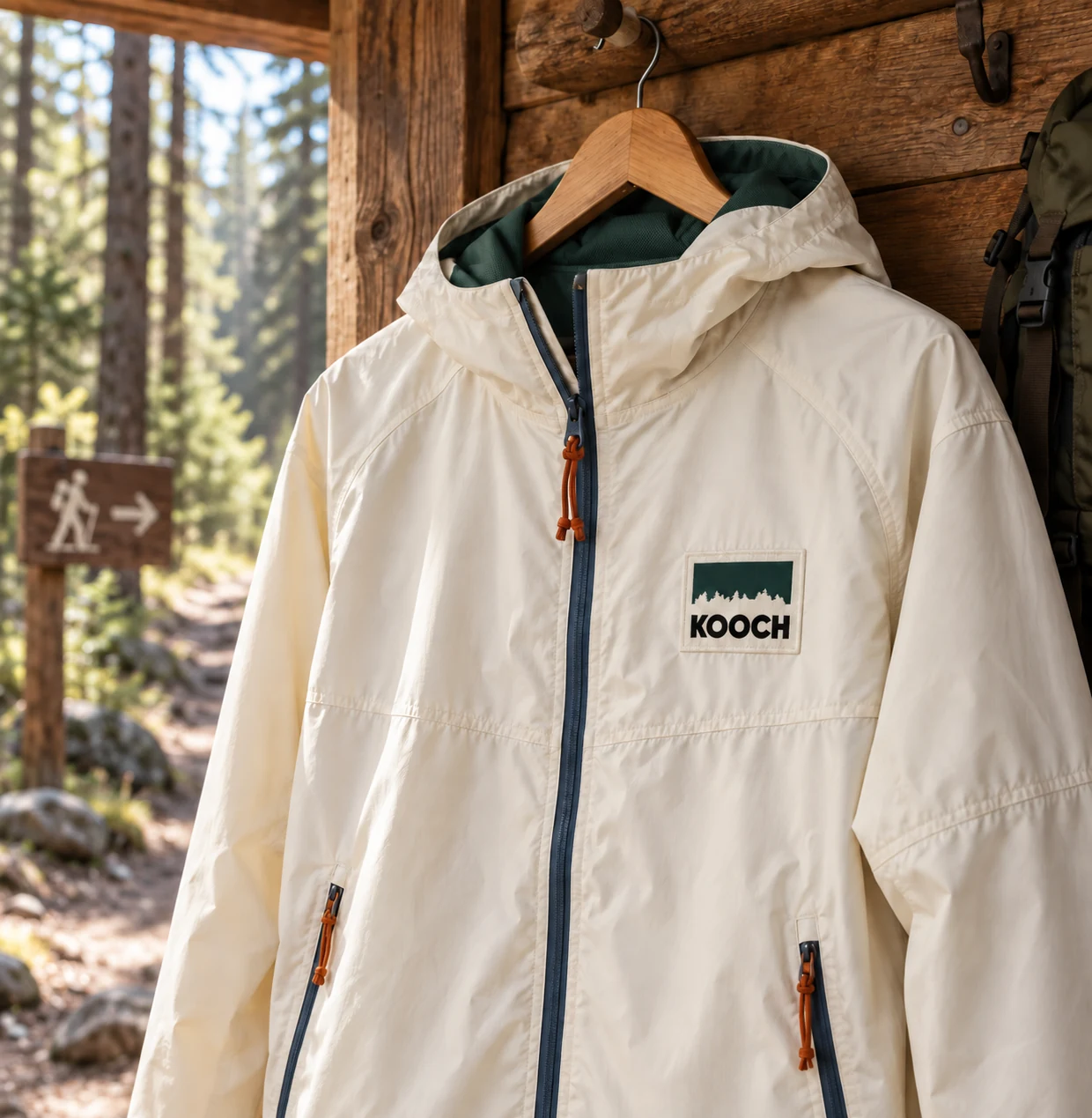 Cream technical jacket carrying KOOCH’s forest identity