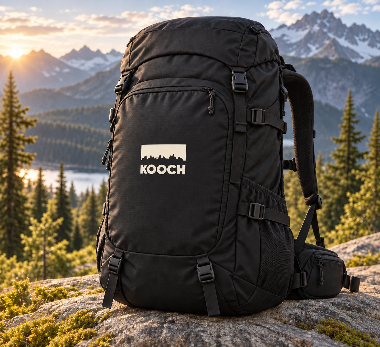 Concept mockup of a black hiking backpack with KOOCH’s forest mark