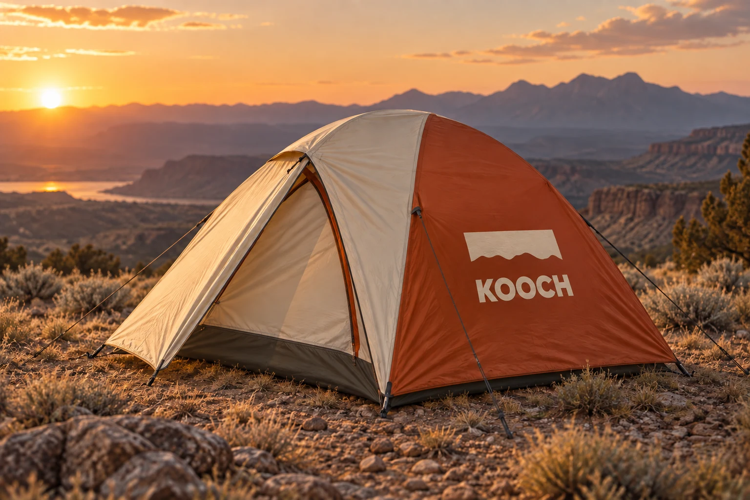 KOOCH concept identity on an orange and cream tent at sunset